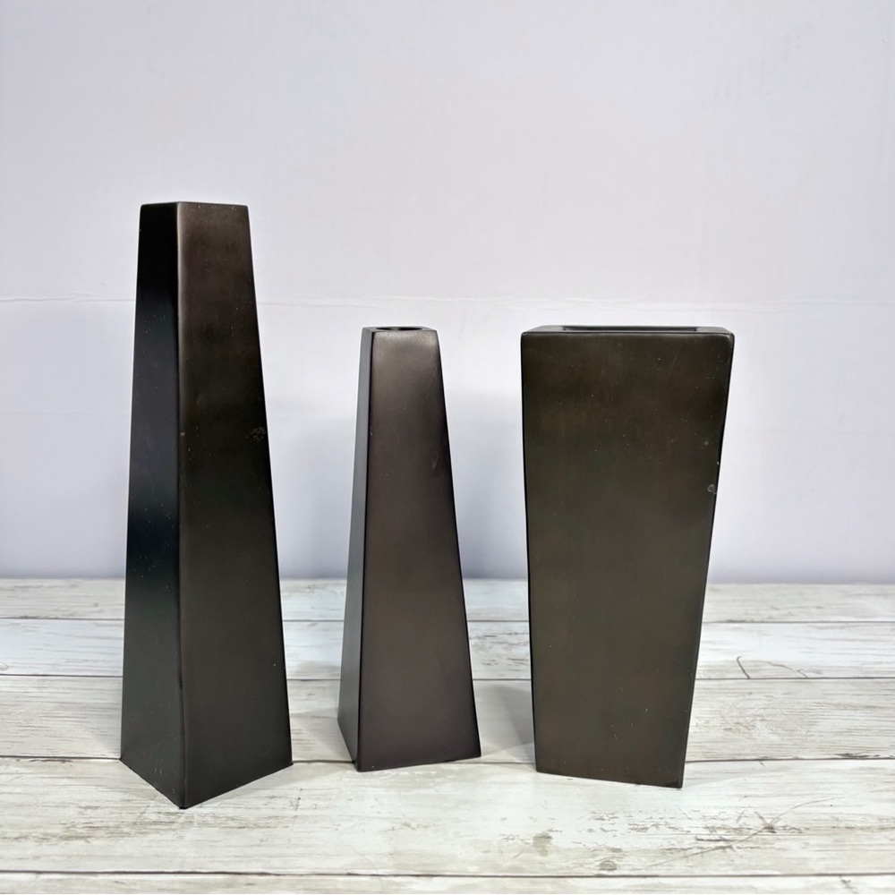 Pottery Barn Antique Bronze Tapered Metal Vase & Candle Holders Brown